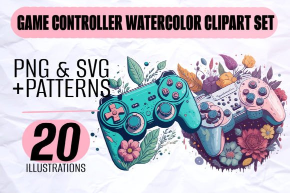 Watercolor Game Controller Clipart Set: Graphics for Playful Print Templates